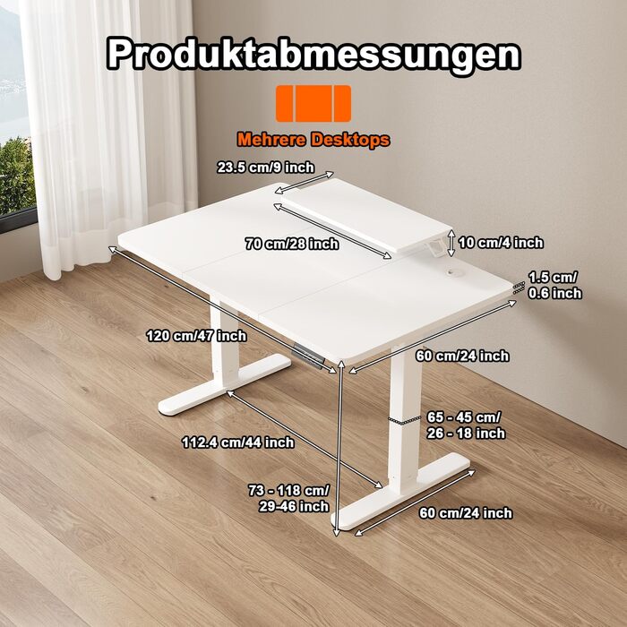 Стіл з регульованою висотою та підставкою для монітора, електричний стіл з можливістю сидіти/стояти, 120 x 60 см, білий