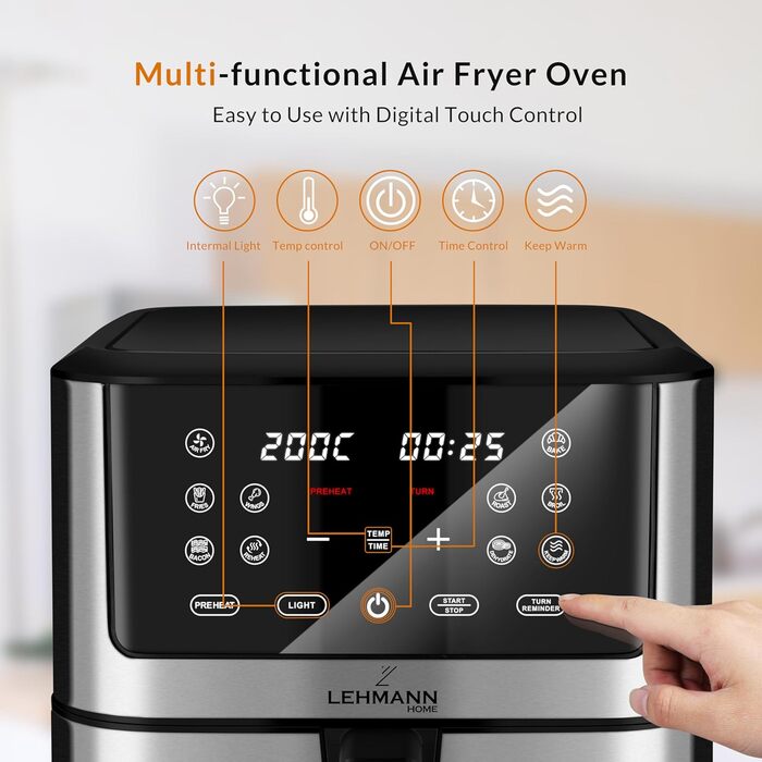 Фритюрниця Lehmann LHODF-1880B XXL 8 літрів, фритюрниця 1800 Вт з регулюванням температури до 200C, фритюрниця з 10 програмами, таймер, здорова їжа без олії, випічка, смаження, дегідратація