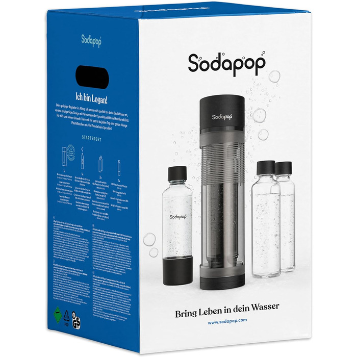 Стартовий набір Sodapop Sodapop Logan з циліндром CO, в т.ч. 2 скляні пляшки (850 і 600 мл) і 1 ПЕТ пляшка (850 мл), чорний матовий, висота 42,6 см