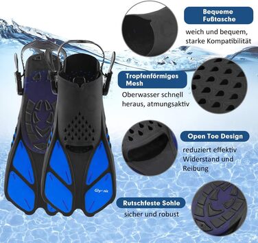 Ласти для сноркелінгу Glymnis, регульовані, для дорослих та дітей, короткі ласти для дайвінгу, плавання, сноркелінгу, розмір S/M (37-41), чорний/синій