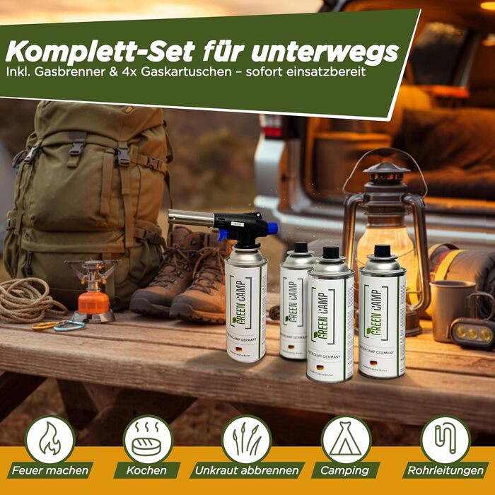 Газовий пальник GREEN CAMP з картриджем 227 г Зварювальний пальник, макс. температура 1300C Паяльна лампа з п&39єзорозпалом Кухонний пальник Бунзена (4 газові картриджі)