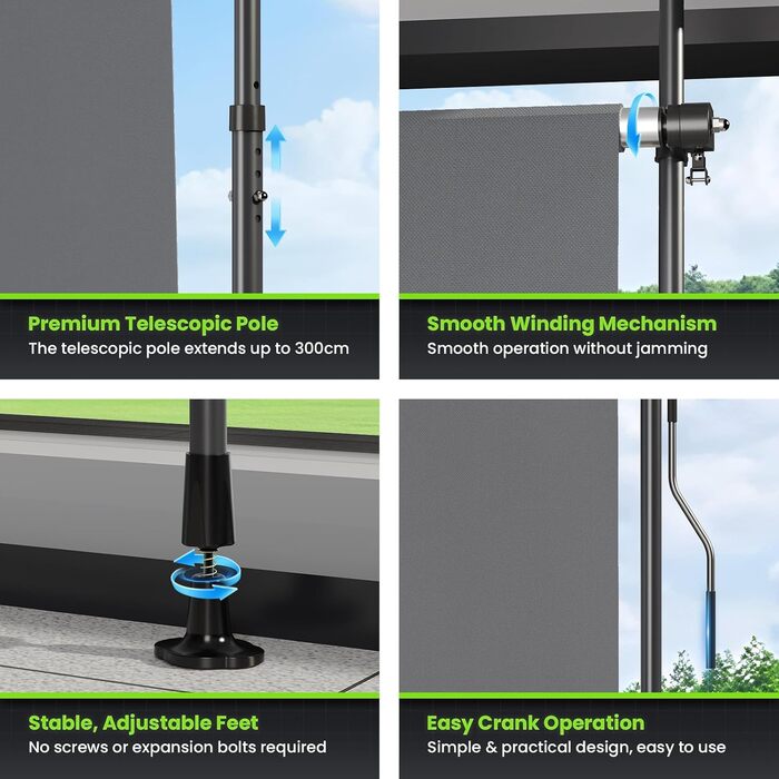 Вертикальний тент YEAUPE PRO для вулиці, 119 x 270 см, темно-сірий, не потребує свердління, кріплення тенту за допомогою ручної рукоятки, підходить для балкона, тераси, відкритого майданчика та саду, всепогодний екран для забезпечення конфіденційності 119