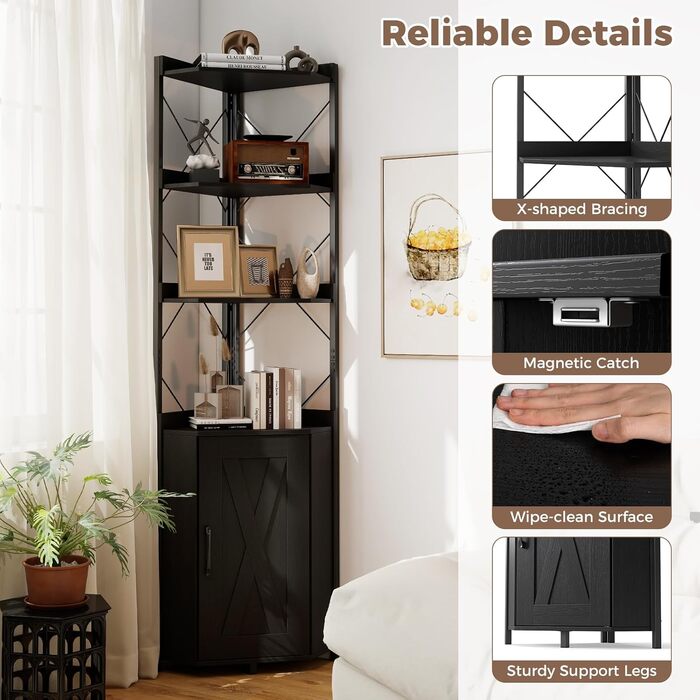 Кутова стелажна тумба GIANTEX з шафою та 6 полицями, кутова шафа заввишки 180 см з 5-ярусними регульованими полицями, окремостояча кутова вітрина з дверима, полиця для зберігання в індустріальному стилі (чорна)