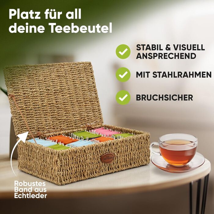 Чайна коробка для чайних пакетиків, сплетена з морської трави дуже великі відділення Коробка для зберігання чайних пакетиків для всіх видів чаю Коробка для зберігання чайних пакетиків Виберіть варіант