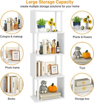 Ярусна книжкова полиця IBUYKE, S-подібна книжкова полиця, роздільник кімнати, сходинкова полиця з місцем для зберігання, сучасна книжкова полиця, декоративна полиця для вітальні, спальні, домашнього офісу, біла WBC015W 5 ярусів білого кольору, 5-