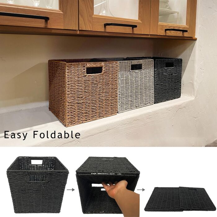Кошик для зберігання, складний кошик, плетений з паперу водяного гіацинта, полиця-кошик Kallax куб 28 см, декоративний плетений кошик ручної роботи для ванної кімнати, вітальні, спальні, 28x28x28 см, чорний