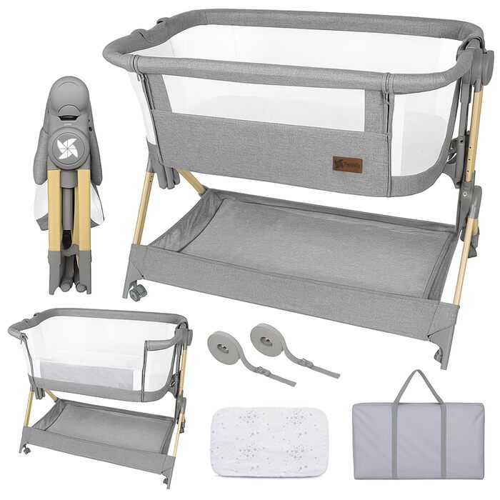 Приліжкове ліжечко Baby Comfortly з колесами Складане та регульоване по висоті (5 рівнів), дихаюче, підходить від 0 місяців до 9 кг, в комплекті матрац, простирадло та сумка не потрібно збирати (колір дерева)