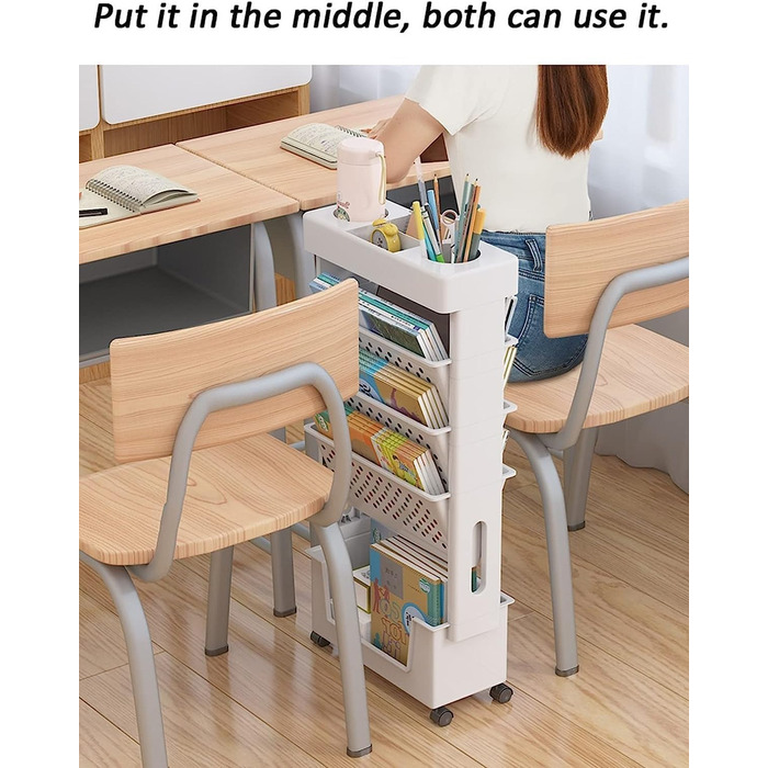 Мобільна книжкова полиця для класу біля столу, 5-ярусний візок на колесах, органайзер для столу, підставка для книг та журналів, вузький візок для зберігання речей у домашній бібліотеці