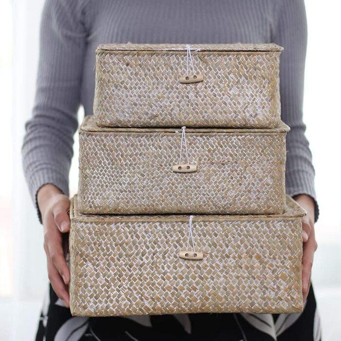 Кошик для зберігання морської трави з кришкою, плетена прямокутна ротангова скринька ручної роботи для іграшок, одягу, книг, ключів, органайзера для макіяжу, набір з 3 полиць-кошиків