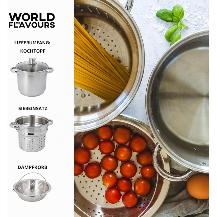 Каструля для пасти KitchenCraft World of Flavours з дуршлагом та паровою корзиною для овочів у подарунковій коробці, нержавіюча сталь, під індукцію, 4 л