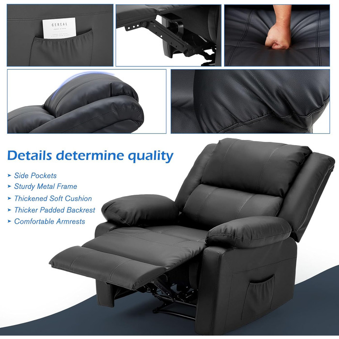 Крісло-реклайнер UNIONLINE з функцією відкидання, ергономічне крісло для телевізора, витримує навантаження до 150 кг, сучасне крісло зі штучної шкіри з ручним керуванням, бічні кишені, підставка для ніг (чорне)
