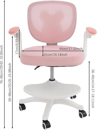 Дитячий офісний стілець для дітей віком від 6 років, регульований по висоті обертовий стілець, ергономічний офісний стілець з підлокітниками, спинкою та колесами, стілець для хлопчиків та дівчаток (рожевий)