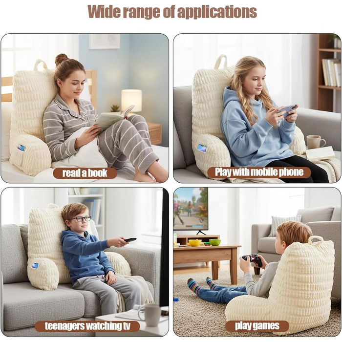 Подушка для читання CEWROM зі спинкою для дорослих, 80 * 40 * 55 см, ідеально підходить для підтримки спини, комфортна подушка для читання на ліжку, дивані або підлозі (бежевий)