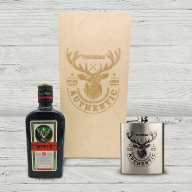 Подарунковий набір із гравіюванням для термосів - Термос з нержавіючої сталі 150 мл з гравіюванням - Включає пляшку Jgermeister 350 мл та гравіровану дерев&39яну коробку - Подарунок на День батька для тата - Колір Олень