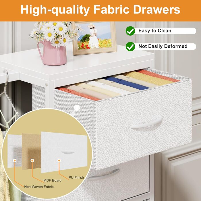 Комод заввишки 111 см з 4 тканинними шухлядами, маленький комод з вішалкою для одягу, білий комод для спальні, вітальні, коридору, передпокою, комод для спальні, подарунковий 30Г x 76,5Ш x 111В см (4 шухляди) білий