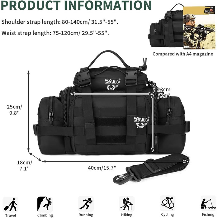 Багатофункціональна поясна сумка Bumbag Military for Sport Outdoor Running Camping Hiking Trekking Black 40*25*18cm, 3Way Belt Bag Waterproof Fanny Pack Tactical Crossbody
