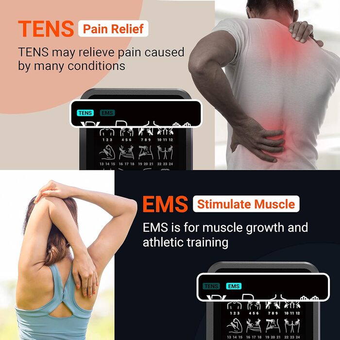 Пристрій Tens Pain Therapy, Пристрій для електростимуляції TENS/EMS з 72 способами, 40 рівнями інтенсивності, полегшення болю за допомогою електричної стимуляції нервів, Тренування стимуляції м'язів, 2 канали 12 подушечок Чорний