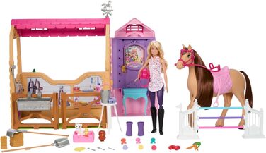 Іграшкова стайня Barbie з лялькою, конем та аксесуарами, понад 25 деталей з 6 ігровими зонами, натхненна серіалом Таємниці Барбі Загадкова пригода коня, JDN43