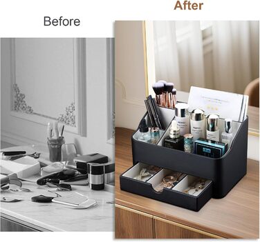 Органайзер для косметики KINGFOM, органайзер для макіяжу зі штучної шкіри з шухлядою, органайзер для догляду за шкірою для туалетного столика (чорний)
