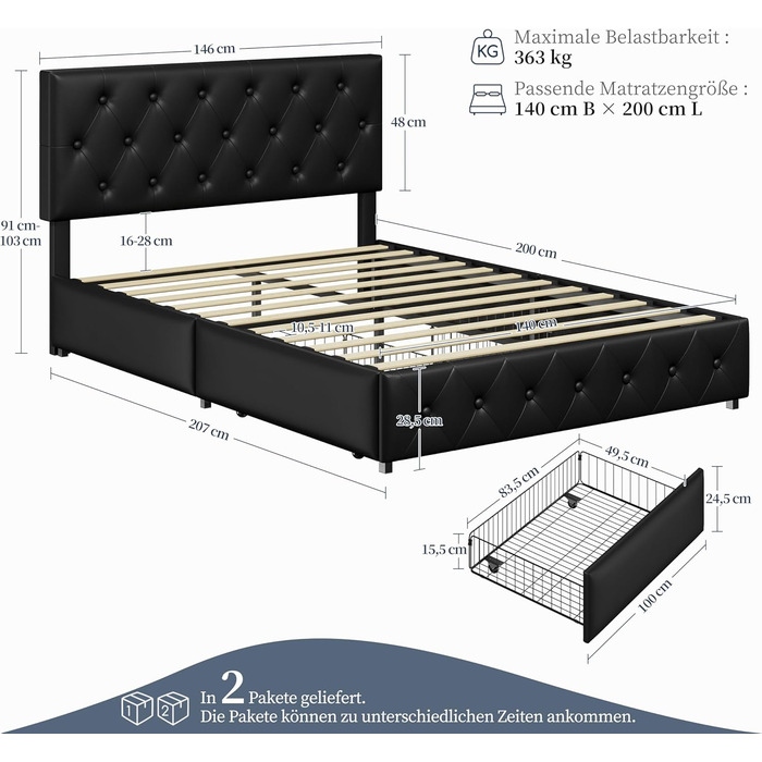 Ліжко Yaheetech з м&39якою оббивкою 140 x 200 см, двоспальне ліжко з 2 шухлядами, узголів&39ям з регульованою висотою, м&39яке ліжко з рейковою основою, багато місця для зберігання, чорний колір