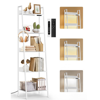 Ярусна вузька полиця-драбина зі світлодіодним підсвічуванням, сенсорним керуванням та дистанційним керуванням, 3 колірні температури, висока окремостояча полиця з регульованою яскравістю, виготовлена з металу та дерева для вітальні, спальні, офісу, біла, 
