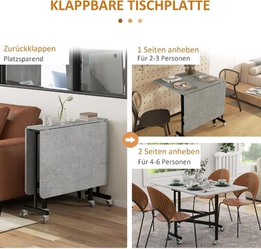 Розкладний обідній стіл, Кухонний стіл для 4-6 осіб з колесами, Сталеві ніжки, Мобільний розкладний обідній стіл для невеликих приміщень, Їдальня, Кухня, 120 x 80 x 73 см, Сірий