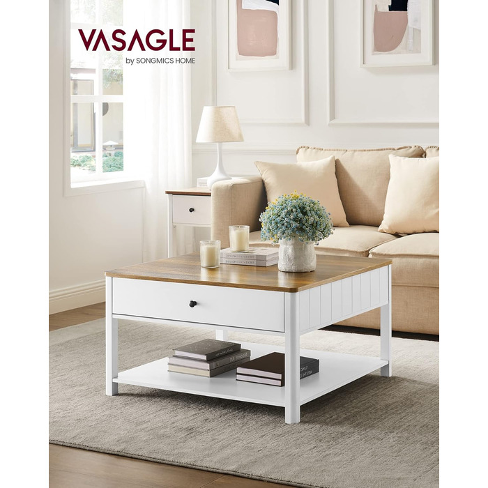 Журнальний столик VASAGLE, стіл для вітальні, диван-столик, 2 великі шухляди, з ніжками, багато місця для зберігання, морський стиль, 80 x 80 x 45 см, для вітальні, горіхово-коричневий-білий LCT207T14