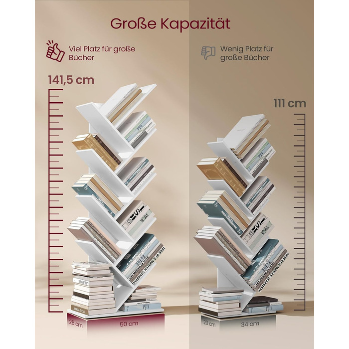 Книжкова полиця VASAGLE у формі дерева, 9-ярусна окремостояча полиця, компактна кутова полиця, полиця для зберігання речей у спальні, вітальні, домашньому офісі, хмарно-білий колір LBC11WTV1 9 ярусів (25 Г x 50 Ш x 141,5 В см) хмарно-білий колір