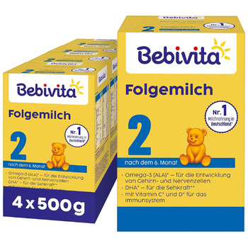 Молочна суміш Bebivita 2 для дітей віком від 6 місяців (4 x 500 г) з вітамінами C та D, Омега-3 (DHA), що насичує дитину відповідно до віку. Молочна суміш Bebivita 2 для дітей віком від 500 г (4 шт.)
