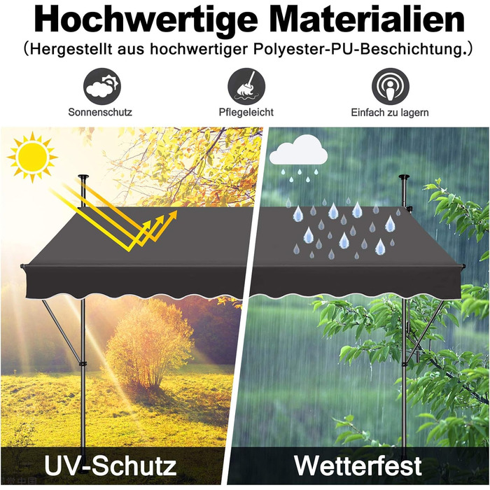 Тент, тент із затискачем, балконний сонцезахисний тент, висувний, регульований вручну за допомогою ручної ручки, стійкий до ультрафіолету, сонцезахист, 100 поліестер, для внутрішніх дворів, балконів, ресторанів, кафе, темно-сірий, 300 x 120 см