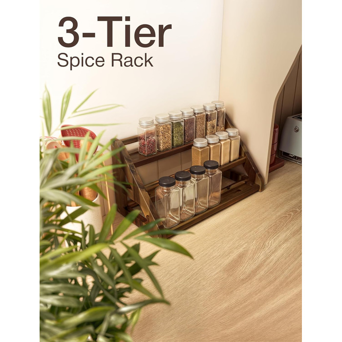 Стійка для спецій Tinamo з акації, 3-рівнева підставка для спецій для стільниці або шафи, кухонний органайзер для спецій та полиця для органайзера для спецій (горіх)