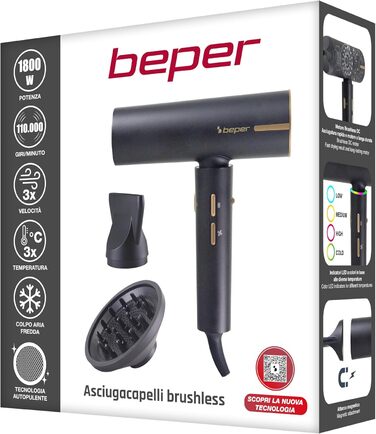 Безщітковий фен BEPER P301ASC010, 1800 Вт, 3 швидкості, 3 температурні режими, LED-індикатор температури, функція самоочищення сітки, чорний, з аксесуарами