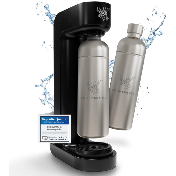 Виробник газованої води Luckymoose Infinity з 2 пляшками з нержавіючої сталі 1,25 л - Економить до 25 CO2 завдяки автоматичній зупинці - Пляшки можна мити в посудомийній машині та без терміну придатності (2 шт. нержавіюча сталь)