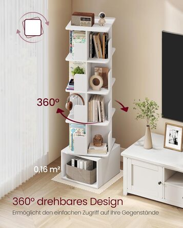 Колекція Custos - Обертова книжкова шафа, 5-ярусна полиця для зберігання, Окремостояча полиця з відкритими відділеннями, 40 x 40 x 155,8 см, для спальні, вітальні, офісу, Хмарно-білий LBC472WB01
