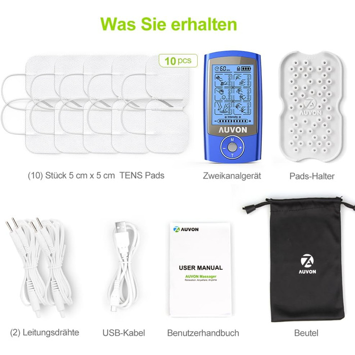 Пристрій AUVON TENS, акумуляторний пристрій для стимуляції болю з 24 навчальними програмами, 2 каналами та 10 шт. ами електродних прокладок преміум-класу 2 x 2 дюйми із запатентованим дизайном (B-Blue)