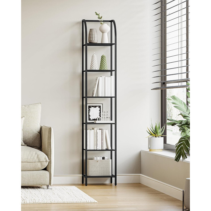 Полиця Hzuaneri, книжкова шафа, 6-ярусна полиця, полиця для DVD, вузькі полиці, офісна полиця в індустріальному стилі, металевий каркас для вітальні, спальні, кухні, чорна BC56004B 30 x 33,6 x 182,5 см чорна