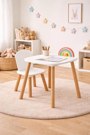 Комплект столу та стільців Atmosphera Alex для дітей, 2 предмети (1 стіл 1 стілець), водовідштовхувальна стільниця, меблі для спальні, меблі для ігрової кімнати, для дівчаток та хлопчиків, дерево, закруглені краї, білий