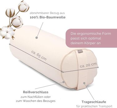 Йога-болстер ЕКО 100 органічна бавовна Йога-рулон з органічним наповнювачем зі спельти Можна прати Кругла йога-подушка для відновлювальних вправ Велика 65 x 20 см натурального кольору