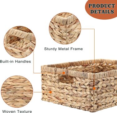 Плетений кошик для зберігання з водяного гіацинта з ручкою, плетений кошик з натуральними полицями, водонепроникний, для зберігання одягу, постільної білизни, фруктів, пива, іграшок, паперів, живих товарів (XL) 40,5x30,5x15 см