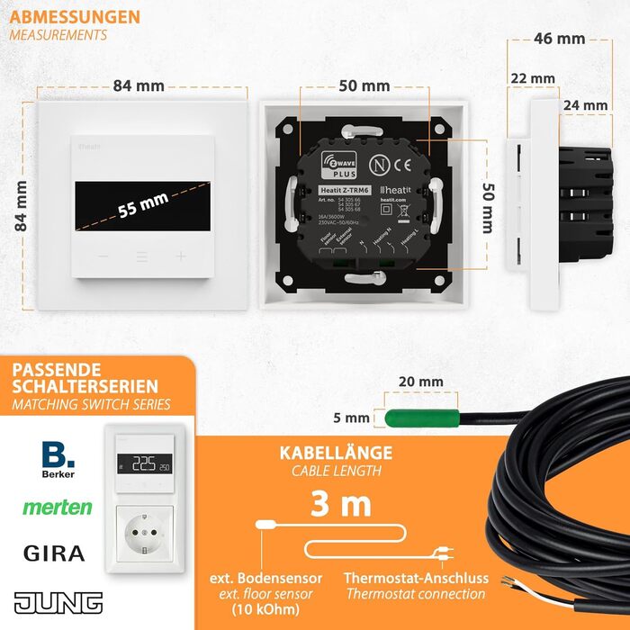 Кімнатний термостат Heatit Z-TRM6 Z-Wave Plus з EXT. Датчик для теплої підлоги електричний і водяний, ІЧ нагрів, колір білий RAL 9003