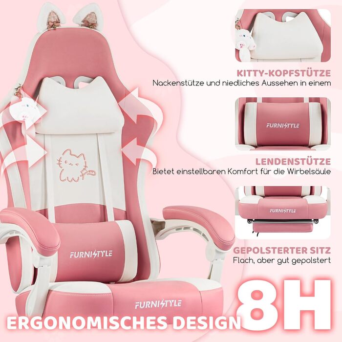 Миле ігрове крісло Hellove з котячими вушками, ергономічне комп&39ютерне крісло з високою спинкою та поперековою опорою, ігрове крісло з підставкою для ніг для дівчаток, підлітків, дітей, шкіра синтетична, рожево-біле