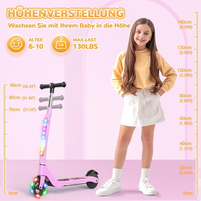 Дитячий електросамокат SISIGAD (6-10 років), 5,3-дюймовий дитячий електросамокат з миготливими світлодіодними вогнями та 3 регульованими висотами, двигун 45 Вт, макс. 10 км/год, максимальне навантаження 70 кг, YD531S рожевий-2