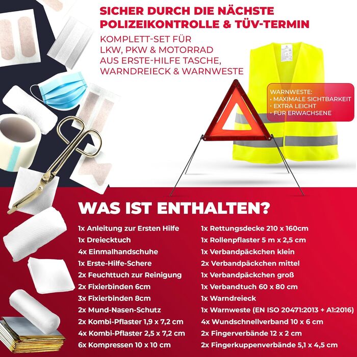 Автомобільна аптечка з попереджувальним трикутником та захисним жилетом до 2029 року відповідає вимогам ЄС згідно з DIN 131642022