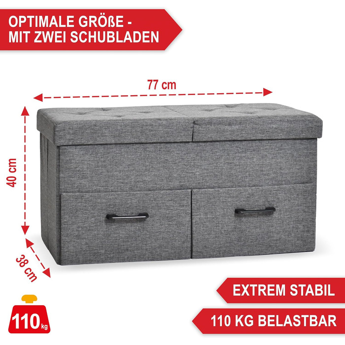 Лавка для зберігання речей - з практичним місцем для зберігання речей - кришка на петлях та шухляди - коробка для зберігання сірого кольору - м&39яка - ідеальні меблі для вітальні, коридору тощо (2 шухляди)