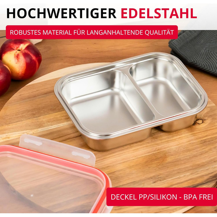 Ланчбокс Westmark Edelstahl Непротікаючий контейнер для сніданку Підходить для мікрохвильової печі та духовки, не містить BPA Бенто-бокс для школи, роботи та дитячого садка Сріблястий, розділений 450 280 мл, 450 280 мл