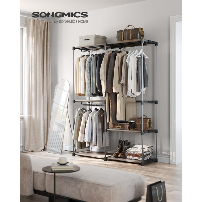 Відкрита шафа, вішалка для одягу, штанга для одягу, шафа, 3 підвісні полиці, багато місця, для спальні, вітальні, 138 x 43 x 182 см, сіро-коричневий RYG025R02 сіро-коричневий 138Д x 182В см