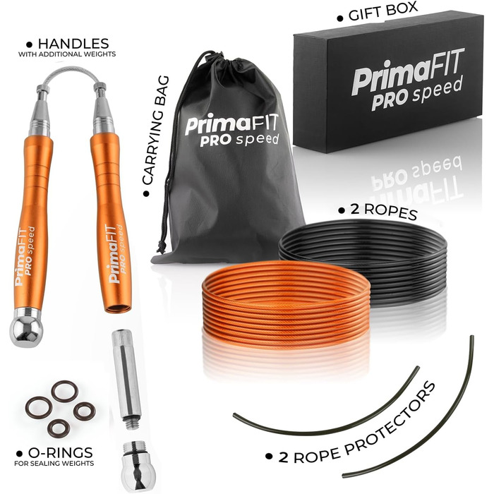 Скакалка PrimaFIT для дорослих Fitness Pro Швидкісна скакалка 3 м регульована з обтяженнями, 2 кульковими підшипниками та протиковзкими ручками, професійні стрибки для боксу, ММА, кросфіту, додаткова сталева мотузка, сумка (помаранчева)