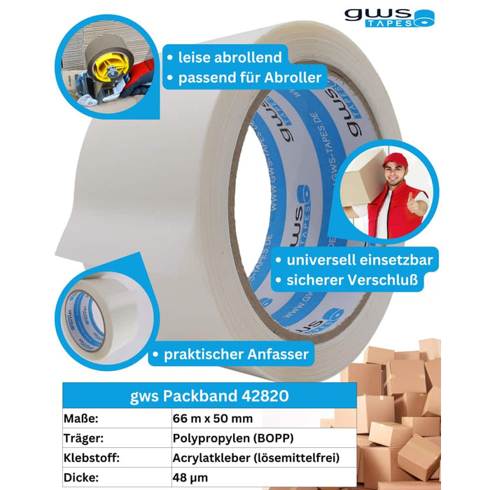 Стрічка для посилок GWS Малошумна універсальна клейка стрічка для пакування пакетів Висока адгезійна міцність, професійна якість 66 м Довжина 50 мм Ширина (36, білий) білий 36