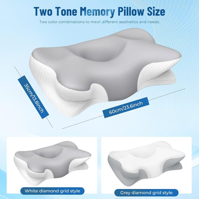 Подушка з піни з ефектом пам&39яті, подушка для підтримки шиї, ергономічна подушка, подушка для шиї, ортопедична подушка, подушка від болю в шиї, для сну на боці, спині та животі (сіра)