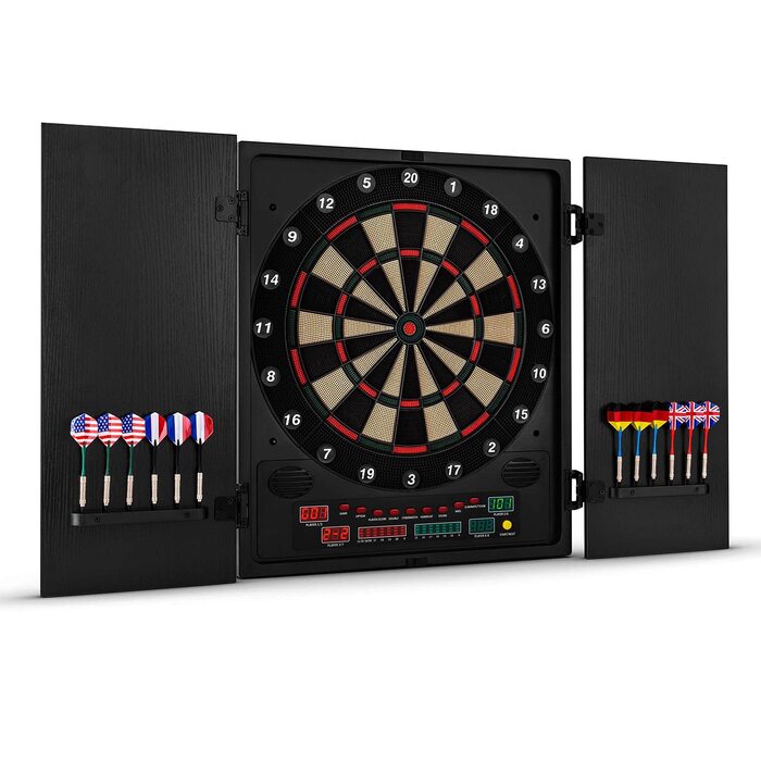 Електронний дартс oneConcept Dartmaster 180, E-Darts, Мішень для гри в дартс до 8 гравців, віртуальний суперник, світлодіодні дисплеї, 12 чорних дротиків з малюнком